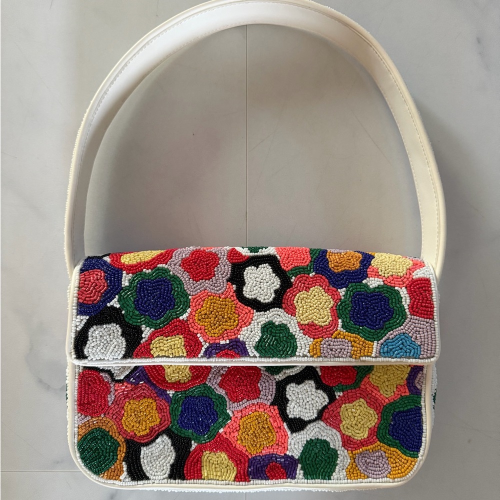 STAUD White Strap Beaded Floral Shoulder Bag with Multicolor Flower Beads